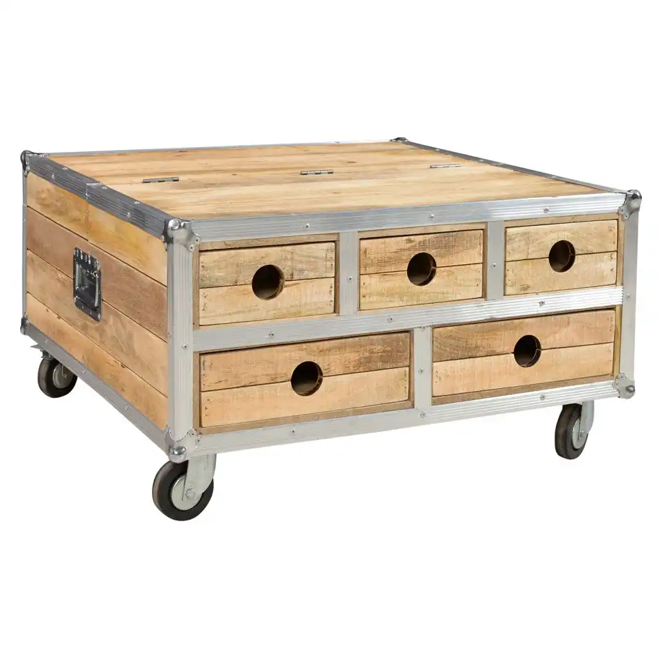 Roadie Chic Reclaimed Coffee Table Trunk with 5 Drawers & 1 Box on Wheels - popular handicrafts